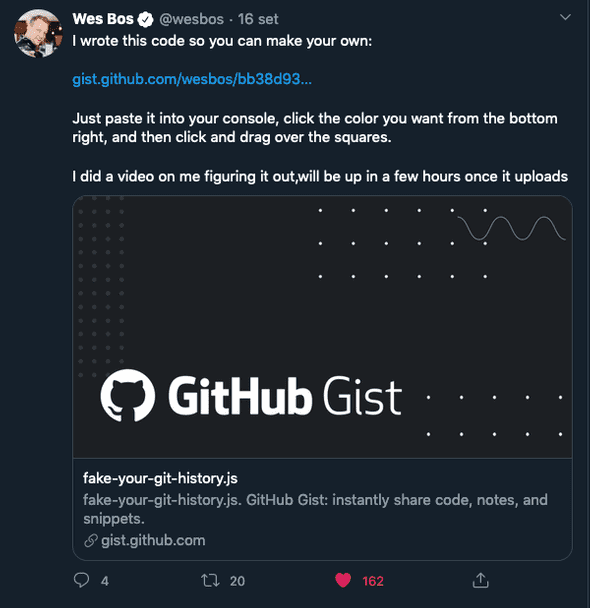 A fake github history generator tweet